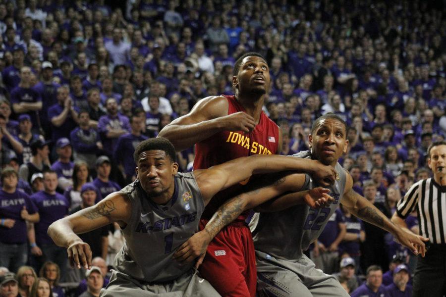 Junior Melvin Ejim watches the hoop during the 79-70 loss against Kansas State on Feb. 9 at Bramlage Coliseum. 
