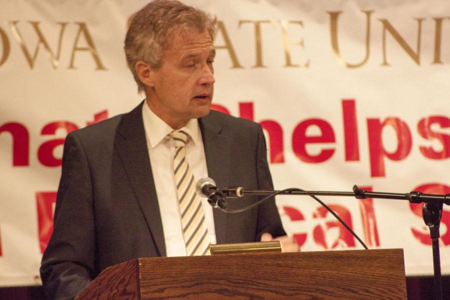 Peter Ammon, ambassador of Germany to the United States, lectures on the 50 years of good relations between France and Germany in the Great Hall of the Memorial Union on Feb. 7. The lecture was sponsored by the Manatt-Phelps Lecture Fund in Political Science.
