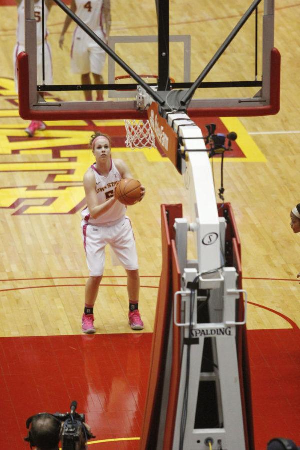 Junior forward Hallie Christofferson prepares for a free throw against West Virgina on Feb. 17 at Hilton Coliseum. Christofferson led the team with 27 points and joined the 1,000-point club in the 66-68 loss.
