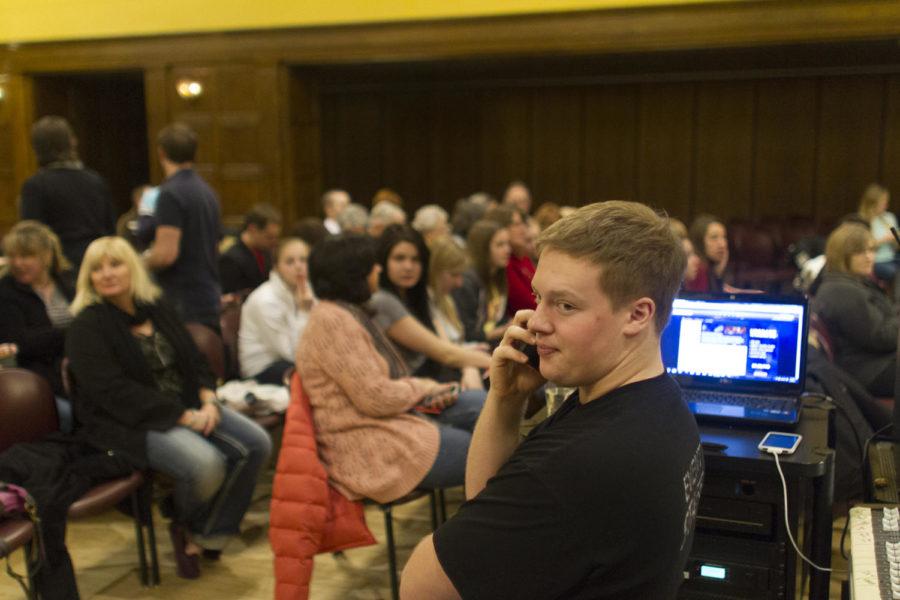 Garret Rupe, freshman in industrial technology, takes charge of setting up the voice control for the 82nd annual Varieties Battle of Ballads on Saturday, Feb. 23, at Great Hall of the Memorial Union.
