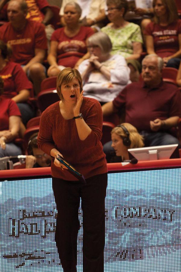 Coach Christy Johnson-Lynch shouts pointers from the sidelines. The ISU volleyball team faced up against the Northern Iowa Panthers on Wednesday, Sept. 5, Hilton Coliseum. The game lasted for four sets, with Iowa State winning the first, third and fourth. The final score of the fourth set was 27-25.
