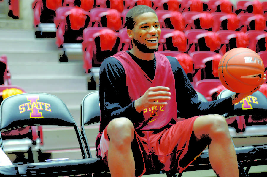 Korie Lucious rests after practice on March 5 at Hilton Coliseum before the game against Oklahoma State on March 6. 
