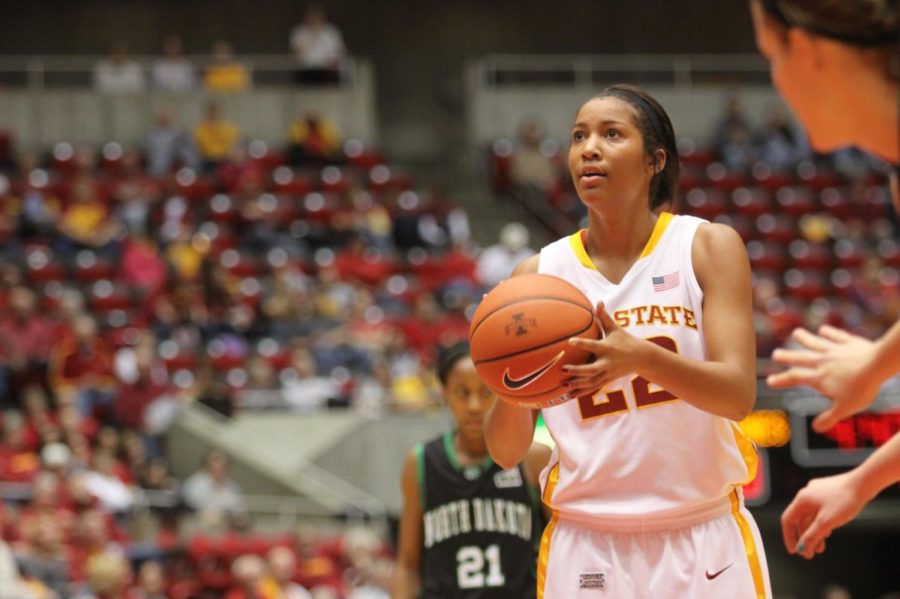Sophomore guard Brynn Williamson shoots a free throw against North Dakota on Nov. 18 at Hilton Coliseum. Williamson led the Cyclones in scoring with 27 points and five-for-five on 3-pointers.
