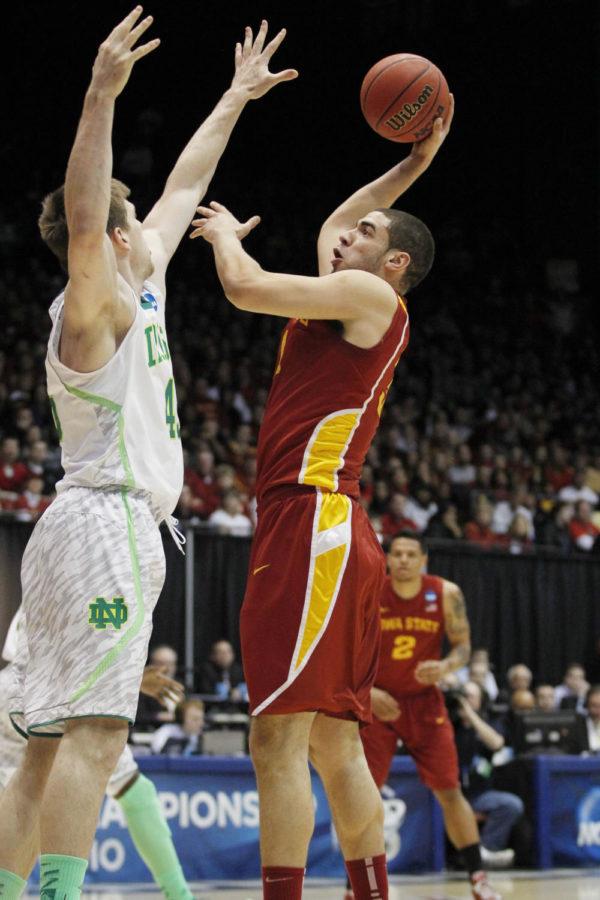 ISU freshman Georges Niang takes the one-handed shot against Notre Dame in the second round of the NCAA tournament on March 22, 2013, at the University of Dayton Arena. Niang led the Cyclones in scoring with 19 points in their 76-58 win over Notre Dame.

