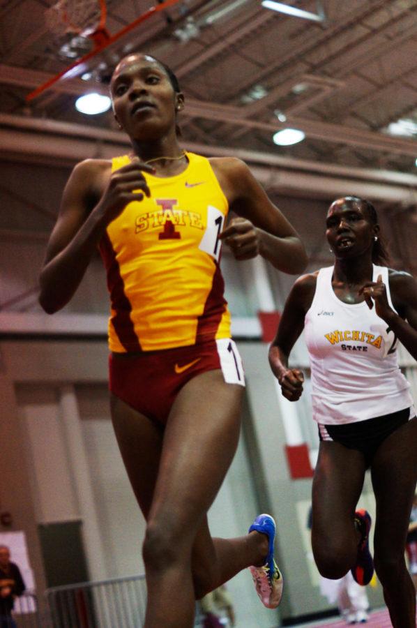 Redshirt senior Betsy Saina takes first place in 5,000-meter at the Iowa State Classic at the Lied Recreation Athletic Center on Feb. 9. Saina shattered the previous record of 15:29 with a time of 15:21.66, finishing almost four seconds in front of the second-place runner.
