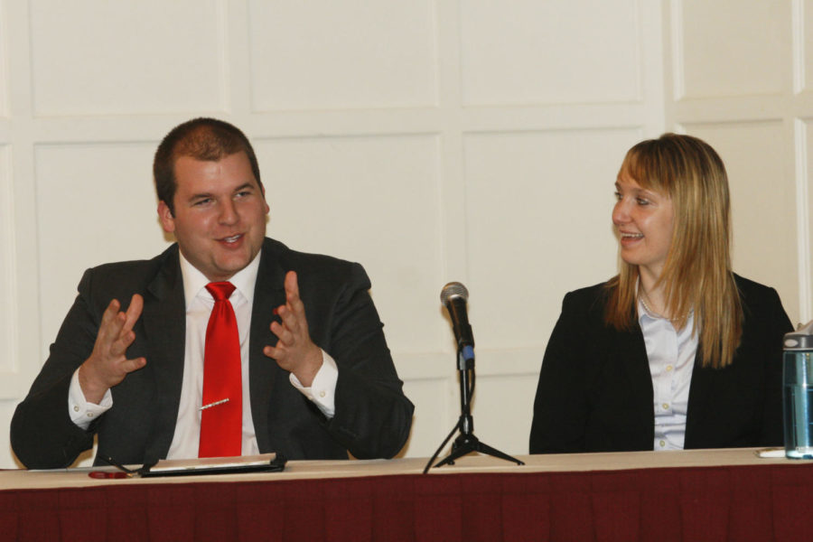 Spencer Hughes and Hillary Kletscher, candidates for Student Body president and vice president, discuss their election platform during the Government of the Student Body presidential election debate on Feb. 26, 2013, in the Cardinal Room of the Memorial Union.
