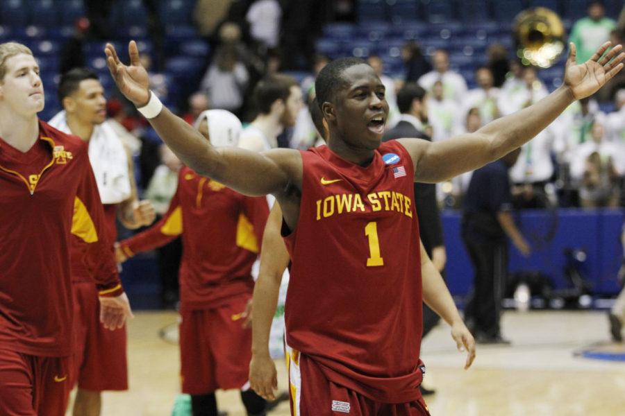 ISU guard Bubu Palo celebrates after Iowa State defeats Notre Dame 76-58 in the second round of the NCAA tournament on March 22, 2013 in Dayton, Ohio.  The Cyclones will play Ohio State on Sunday, March 24.

