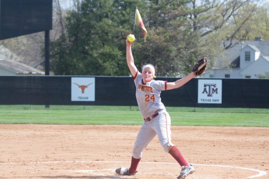 ISU softball pitcher Tori Torrescano gets ready to throw the ball. Longhorns defeated the Cyclones 11-2 on Sunday, March 25, at the Southwest Athletic Complex.
