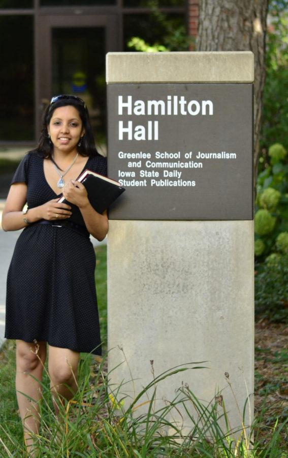 Sarani Rangarajan, graduate in journalism, stands outside Hamilton Hall. She hopes to find an internship that will give her a chance to learn about workplace norms in the United States. 
