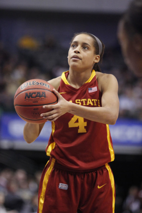 ISU guard Nikki Moody prepares herself before shooting a free throw after being fouled. Moody made both her free throws and had a total of 12 points in the game.
