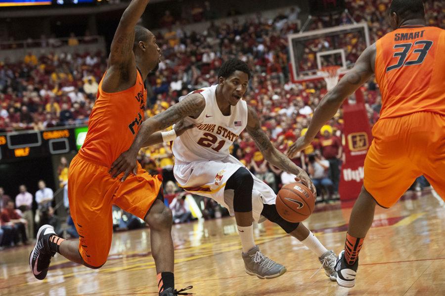 ISU mens basketball guard Will Clyburn maneuvers the ball during the game against Oklahoma State on Wednesday, March 6, 2013, at Hilton Coliseum. Iowa State won the game with the final score 87 to 76.
