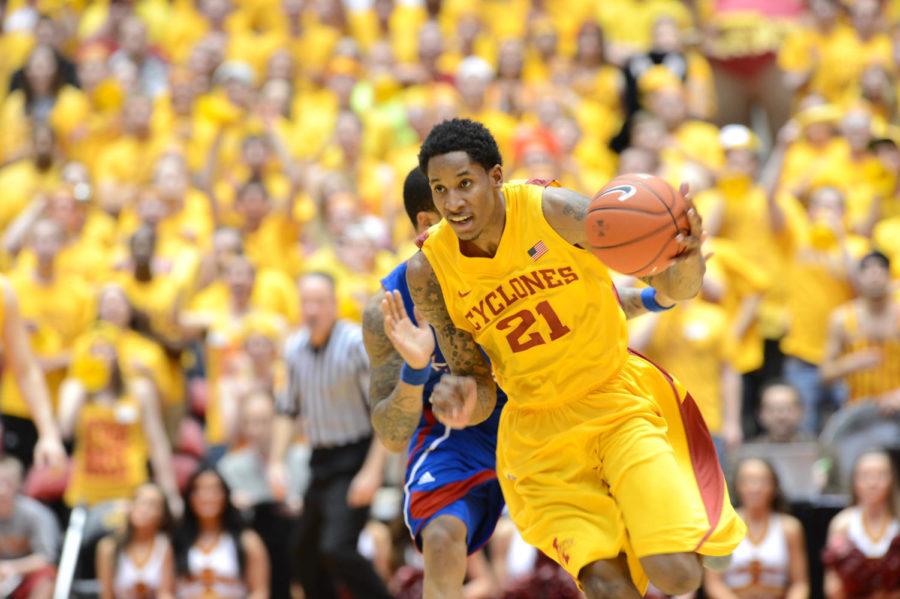 Will Clyburn runs the ball during the loss 108-96 against Kansas on Feb. 25 at Hilton Coliseum. Clyburn had a total of 16 points at the game. 
