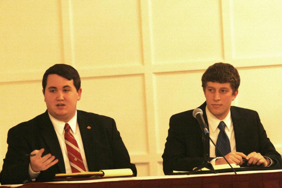 Candidates for student body president and vice president Daniel Rediske and Zachary Bauer participate in the Government of the student body presidential election debate on Feb. 26, 2013, in the Cardinal Room of the Memorial Union.
