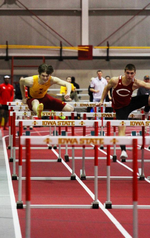 Freshman Brandon Moorman competes in the 60-meter hurdles at the last-chance NCAA Qualifier meet on Saturday, March 2, 2013, at Lied Recreation Center. Moorman finished seventh in the event.
