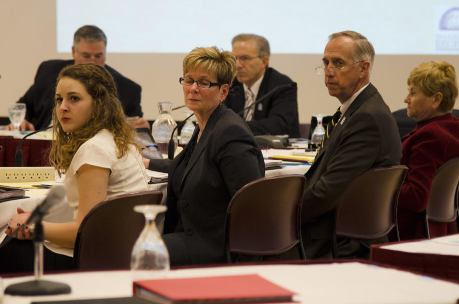 (From left to right) Student member of the Board of Regents Hannah M. Walsh, Regent Katie S. Mulholland, Regent Jack B. Evans and Regent Ruth R. Harkin is attending the Board of Regents meeting at Iowa State. The board discussed Iowa universities and students issues during the meeting on March 13, 2013.
