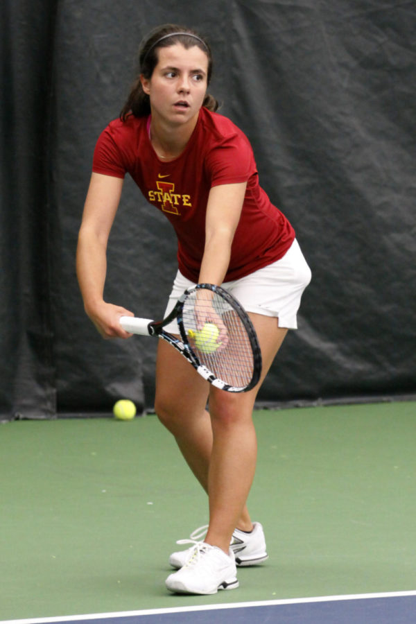 Simona Cacciuttolo gets ready to serve the ball at the match against Drake 5-2 on Friday, March 8, 2013, at Ames Racquet and Fitness.

