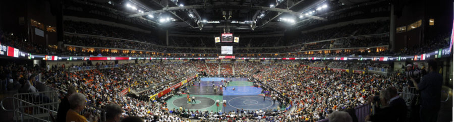 A panoramic view of the sold-out crowd at Wells Fargo Arena while the 2013 NCAA Wrestling Championships go under way on March 21, 2013, in Des Moines, Iowa. 
