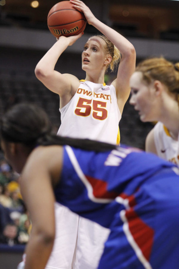 ISU women’s basketball center, Anna Prins, shoots a free throw after being fowled in the second half of the game against the Kansas Jayhawks on March 9, 2013, at the American Airlines Center in Dallas, Texas. The Cyclones defeated the Jayhawks with a final score of 77-62. Prins made two out of the two free throws in the game.
