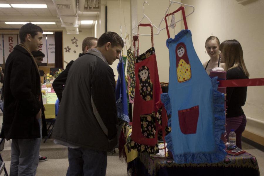 Russian goods are presented for sale at a table during Russian Cultural Night. All goods came directly from Russia or had been handmade by members of the Russian-Speaking Students Association.
