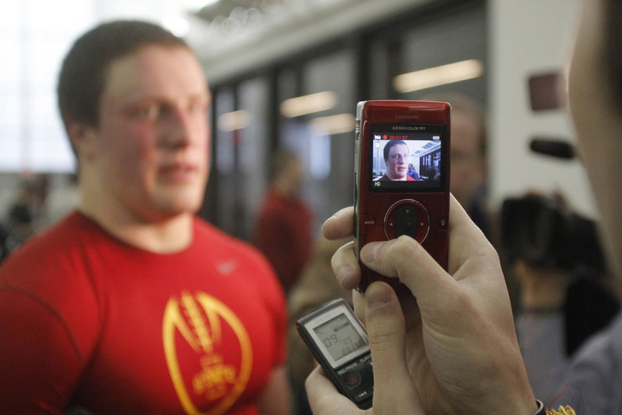 Former linebacker Jake Knott talks with the media about Pro Day, a day the ISU football team conducted workouts for scouts, at the Bergstrom Facility on Tuesday, March 26, 2013.
