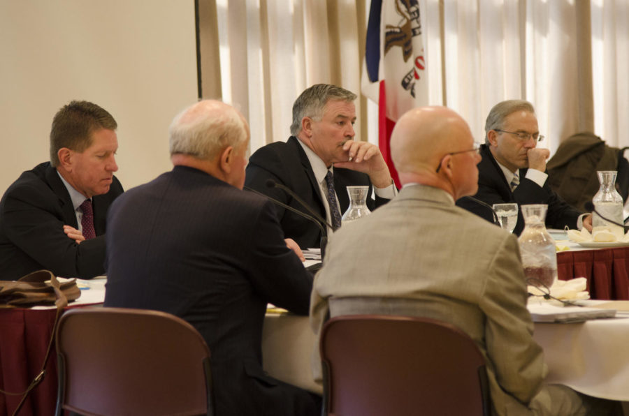 (From left to right) Board of Regents President Pro Tem Bruce L. Rastetter, President Craig A. Lang and Executive Director Robert Donley lead the Board of Regents meeting in the Sun Room of the Memorial Union. Issues regarding Iowa students and universities were discussed in the March 13, 2013, meeting.
