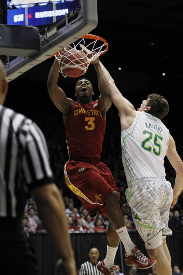ISU junior Melvin Ejim dunks the ball against Notre Dames Tom Knight in the second round of the NCAA tournament on March 22, 2013, at the University of Dayton Arena.  Ejim scored 17 points in the 76-58 victory against Notre Dame.

