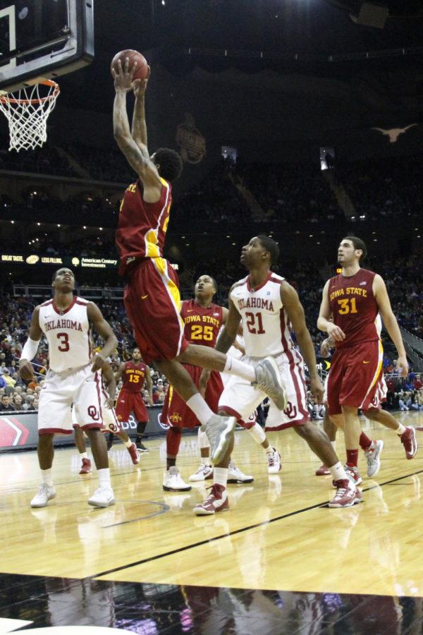 Redshirt senior Will Clyburn goes up for the dunk against Oklahoma in the second round of the Big 12 Mens Basketball Championship on March 14, 2013, at the Sprint Center in Kansas City, Mo. Clyburn finished the game with 17 points, 10 of which came in the 25-6 run that gave the Cyclones the victory.
