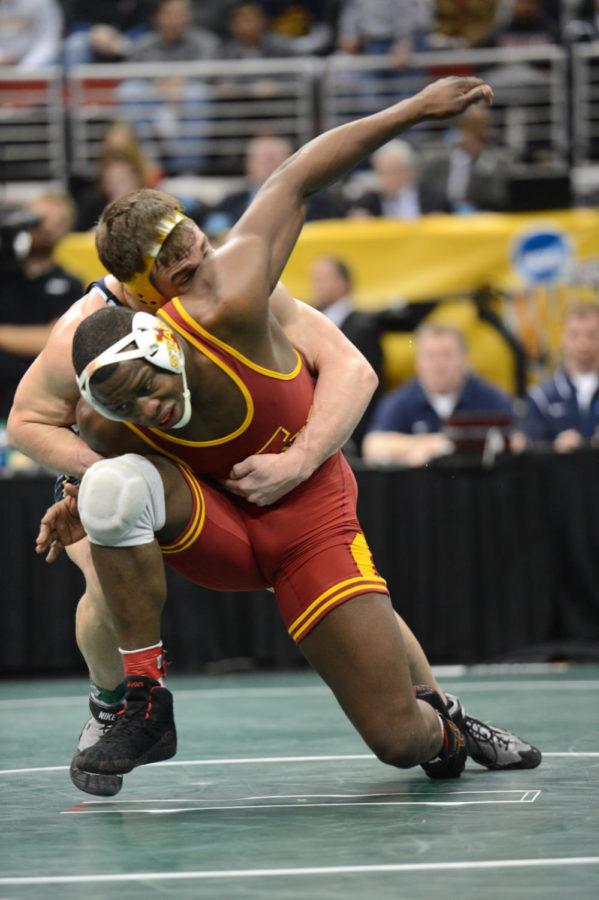 Kyven Gadson wrestles Pittsburghs Matt Wilps in the semifinals of the 197-pound wrestlebacks during 2013 NCAA wrestling tournament on March 23, 2013, at Wells Fargo Arena. Gadson lost to Wilps 9-3 and eventually placed sixth overall.
