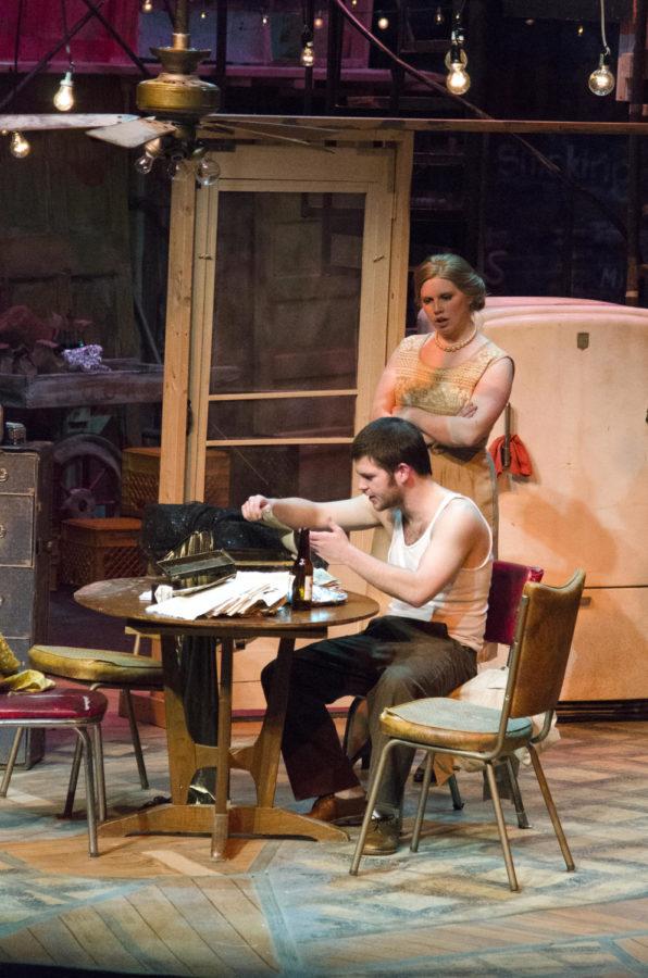 Anne Feenstra, junior in performing arts, and Drew McCubbin, senior in performing arts, rehearse for their upcoming performance of "A Streetcar Named Desire" at Fisher Theater on March 26, 2013. Feenstra will play Blanche DuBois and McCubbin will play Stanley Kowalski, the brutal and abusive husband of Blanche's sister.
