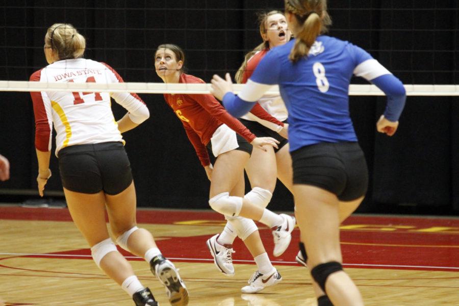 ISUs Kristen Hahn looks for the ball against the IPFW Mastodons in the first round of the NCAA Volleyball tournament, Thursday, Nov. 29, at Hilton Coliseum. The Cyclones won the match 3-2.

