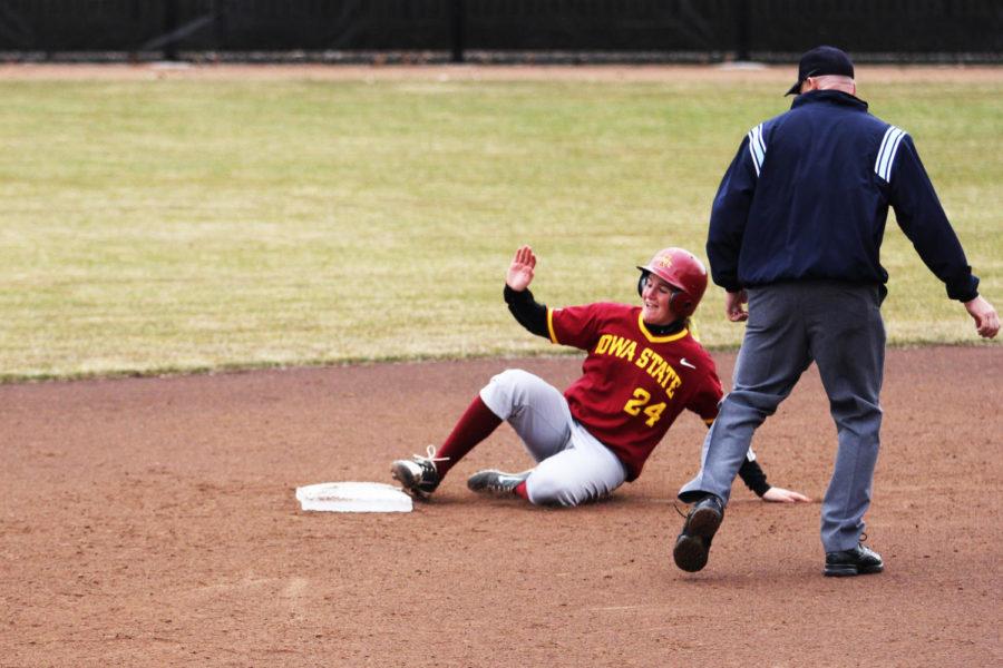 Senior Tori Torrescano slides into second base during the game Oklahoma State on Saturday, April 6, 2013. The Cyclones defeated the Cowgirls 8-6.
