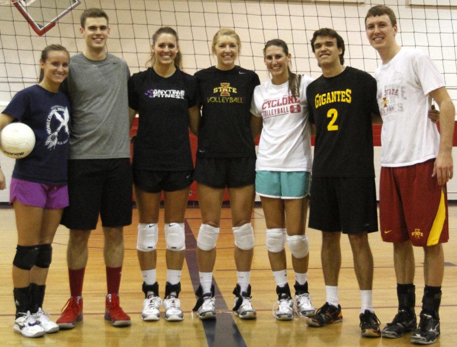 The winning team of the 2013 Veishea Volleyball Tournament (From Left): Taylor Chesnut senior in biochemistry; Collin Gross, senior in computer engineering; Taylor Knuth, senior in accounting; Jamie Straube, senior in kinesiology and health; Alison Landwehr, senior in accounting; Francisco Murphy, sophomore in forestry; and Matthew Hemann, senior in marketing. The tournament ended Wednesday, April 17, 2013, in Beyer Hall.
