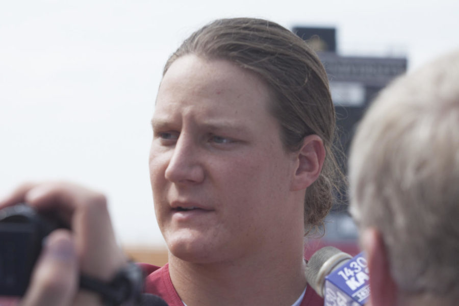 Linebacker A.J. Klein speaks with reporters as part of football media day, Thursday, Aug. 2, on the field of Jack Trice Stadium. The football team opens the season at home on Sept. 1 against Tulsa.
