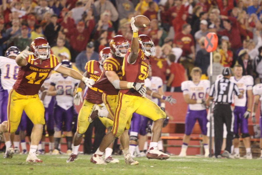 Defensive end Willie Scott celebrates his fumble recovery during
the fourth quarter of the ISU - UNI game held Saturday, Sept. 3 at
Jack Trice Stadium. The Cyclones ended the night with a 20-19
victory over the Panthers.
