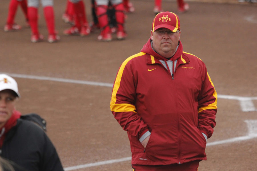 Assistant coach Jamie Pinkerton returns to the dugout during the game against Texas Tech on April 19, 2013, at the Cyclone Sports Complex.  He was the first base coach in the 6-5 win.

