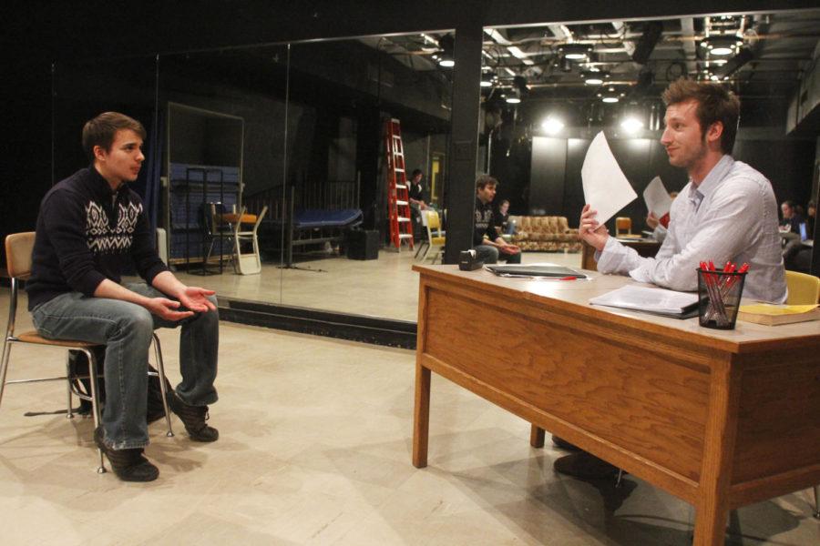 Brent LeBlanc, who plays Gin, and Nick Neal, who plays Marshall, practice a scene from The Gin Dialogues, which will be performed April 25-28, 2013 in 2140 Pearson Hall.