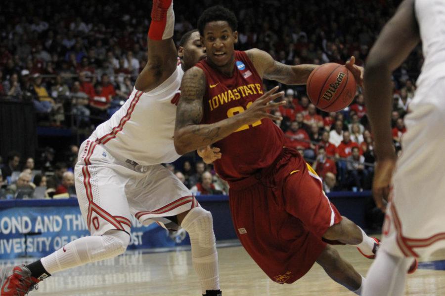 ISU redshirt senior Will Clyburn drives the ball down low against Ohio State in the third round game of the NCAA tournament on March 24, 2013 at the University of Dayton Arena. Clyburn ended his Cyclone career with 17 points in the 75-78 loss.
