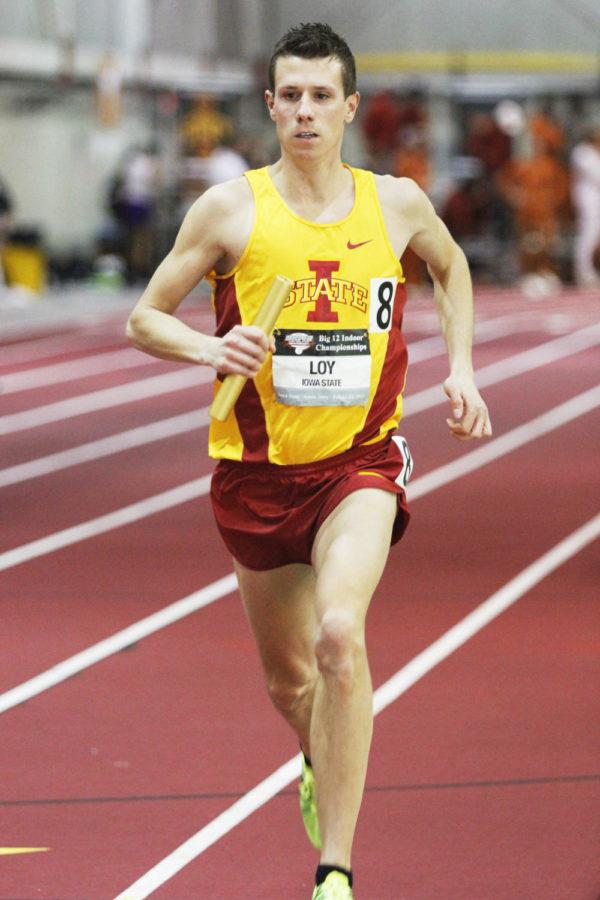 Redshirt senior Rico Loy races his anchor leg of the distance medley during the Big 12 Indoor Track and Field Championships on Saturday, Feb. 23, at Lied Recreational Athletic Center. The Cyclones medley finished eighth with a time of 10:14.05.
