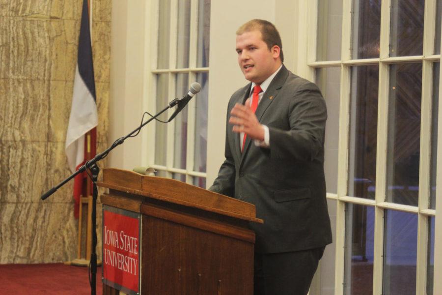 Spencer Hughes, junior in speech communication, gives his first address as president of the Government of the Student Body on April 8, 2013.
