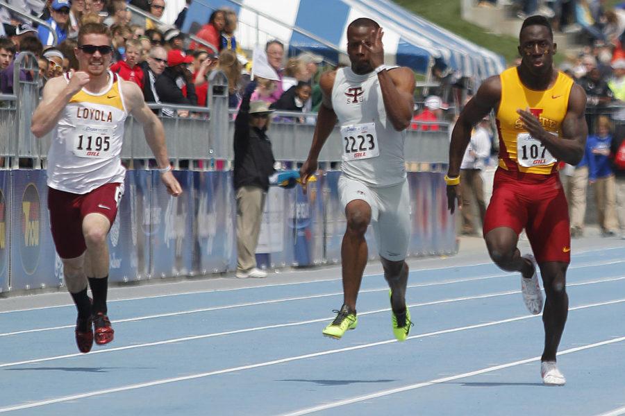 Cyclone sprinter Ian Warner participates in the first heat of the mens 100-meter dash at the Drake Relays on April 26, 2013. Warner finished first with a time of 10.83 and will advance to the finals.
