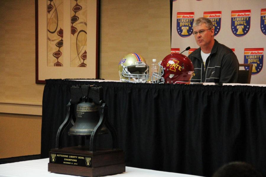 ISU football coach Paul Rhoads speaks at a news conference a day before the Liberty Bowl. The game between the Cyclones and Golden Hurricanes is set for Monday, Dec. 31, 2012, in Memphis, Tenn.
