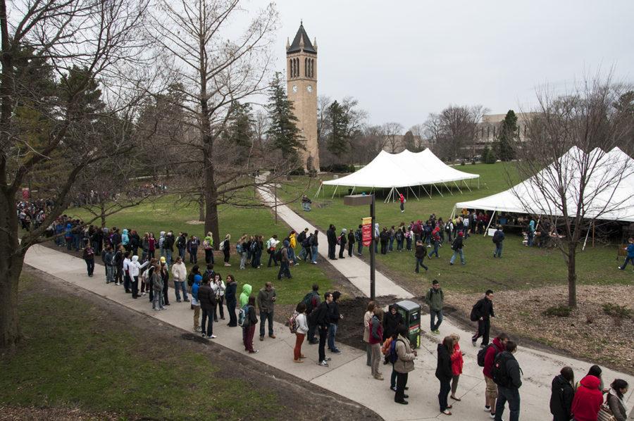Students wait in line for the official launch of Veishea 2013 on April 15, 2013 on Central Campus.
