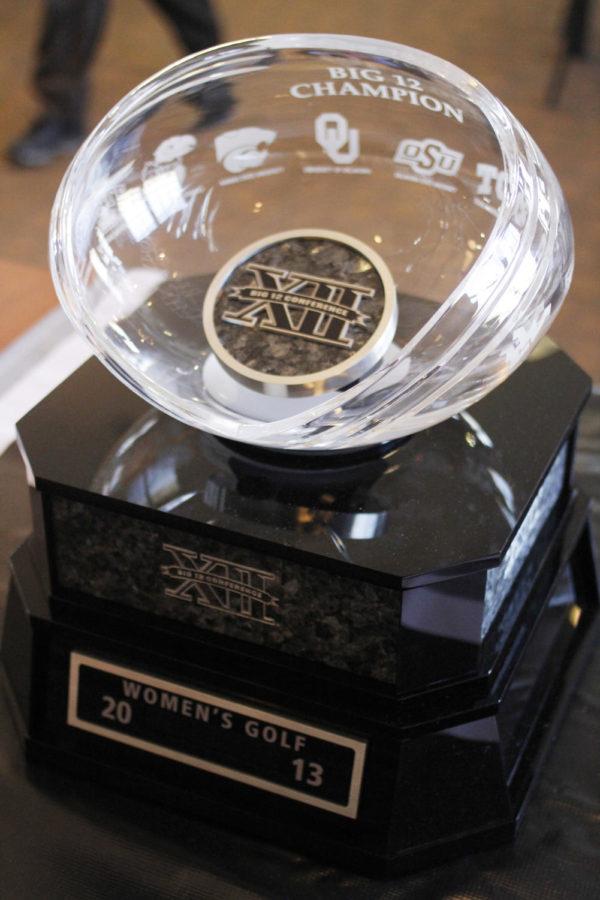 This is the 2013 Big 12 Championship trophy that is up for grabs, and today was the second round of the 2013 Big 12 Womens Golf Championships at the Harvester in Rhodes, Iowa.
