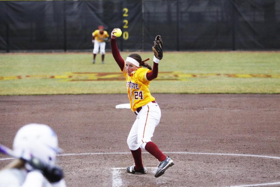 Pitcher Tori Torrescano, senior, throws against Drake on April 9, 2013, at the Cyclone Sports Complex. Iowa State defeated the Bulldogs 6-5.
