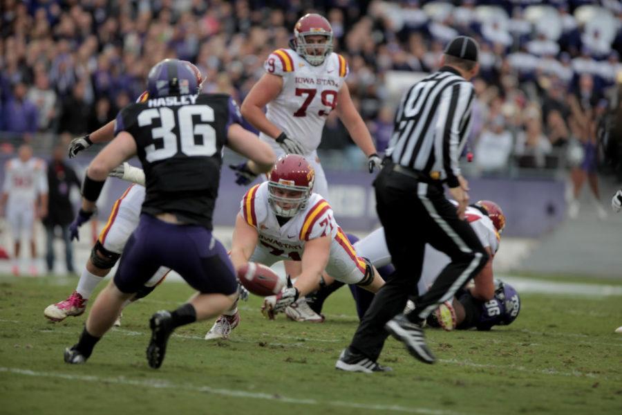 ISU offensive lineman Carter Bykowski catches a tipped pass from quarterback Jared Barnett on Saturday, Oct. 6, at Amon G. Carter Stadium in Fort Worth, Texas. The Cyclones defeated the Horned Frogs 37-24. 
