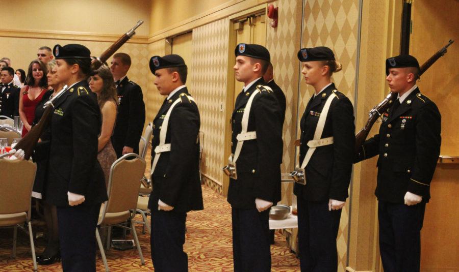 The Color Guard prepares to march to retire the colors during the 2013 ROTC Ball on Saturday, April 27, 2013 at the Gateway Hotel.
