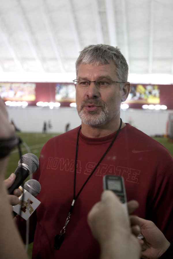 Coach Paul Rhoads answers the medias questions about the upcoming season after spring football practice on Tuesday, March 26, 2013, at Bergstrom Indoor Training Facility.

