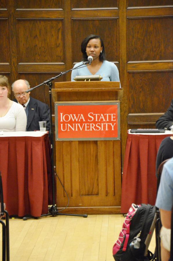 Britteny Ross, freshman in chemistry, speaks on behalf of the College Democrats and gives the opening statement at the First Amendment Day Caucus Cup debate on April 8, 2013 in the Memorial Unions South Ballroom.
