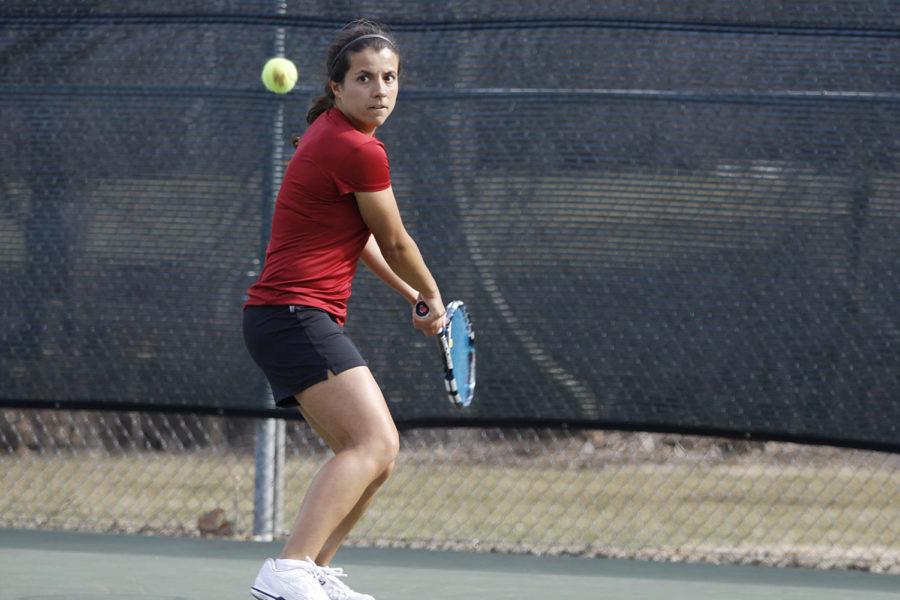 Simona Cacciuttolo focuses in on the ball during Iowa States 4-3 loss against Oklahoma on Friday, April 5, 2013, at Forker Courts.
