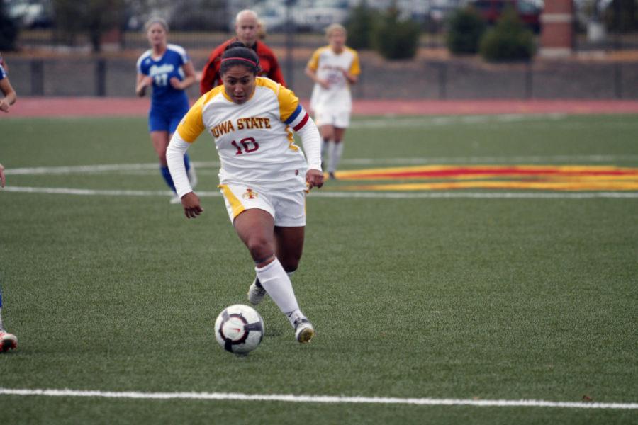 Iowa States Jennifer Dominguez works to move the ball toward the goal Sunday, Oct. 14, at the Cyclone Soccer Complex. The Cyclones defeated the Bulldogs 3-0. Dominguez scored two goals in the match. 
